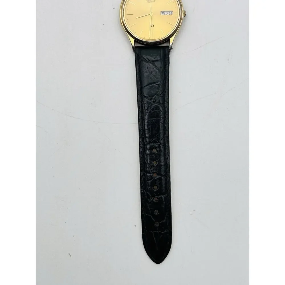 Seiko SQ Watch Men 33mm Gold Dial Gold Tone Daydate Round 5H23-7B09 New Battery